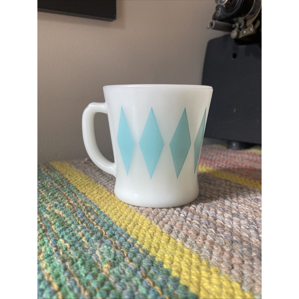 Vtg retro Fire King milk glass Turquoise Harlequin diamond coffee mug
